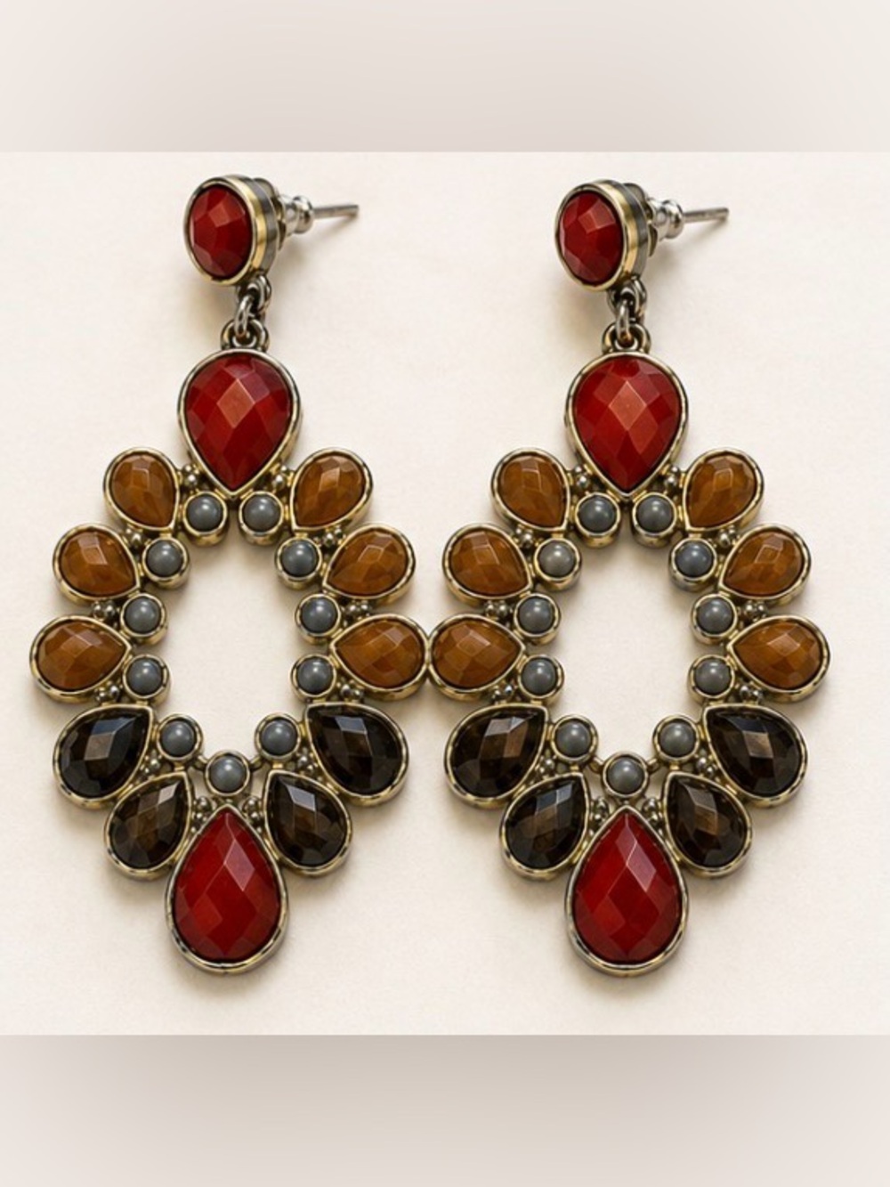 Vintage Chandelier Drop Earrings | Faceted Red Amber Brown Stones
